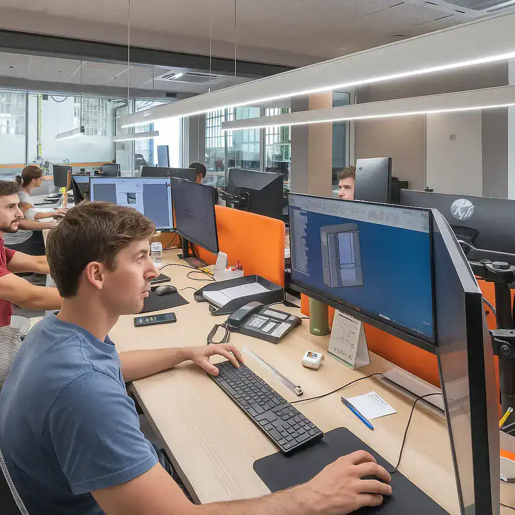 Oficina moderna con empleados en un espacio de trabajo colaborativo y tecnología avanzada.