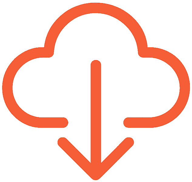 Conjunto de icono de nube con flecha de descarga en color naranja.